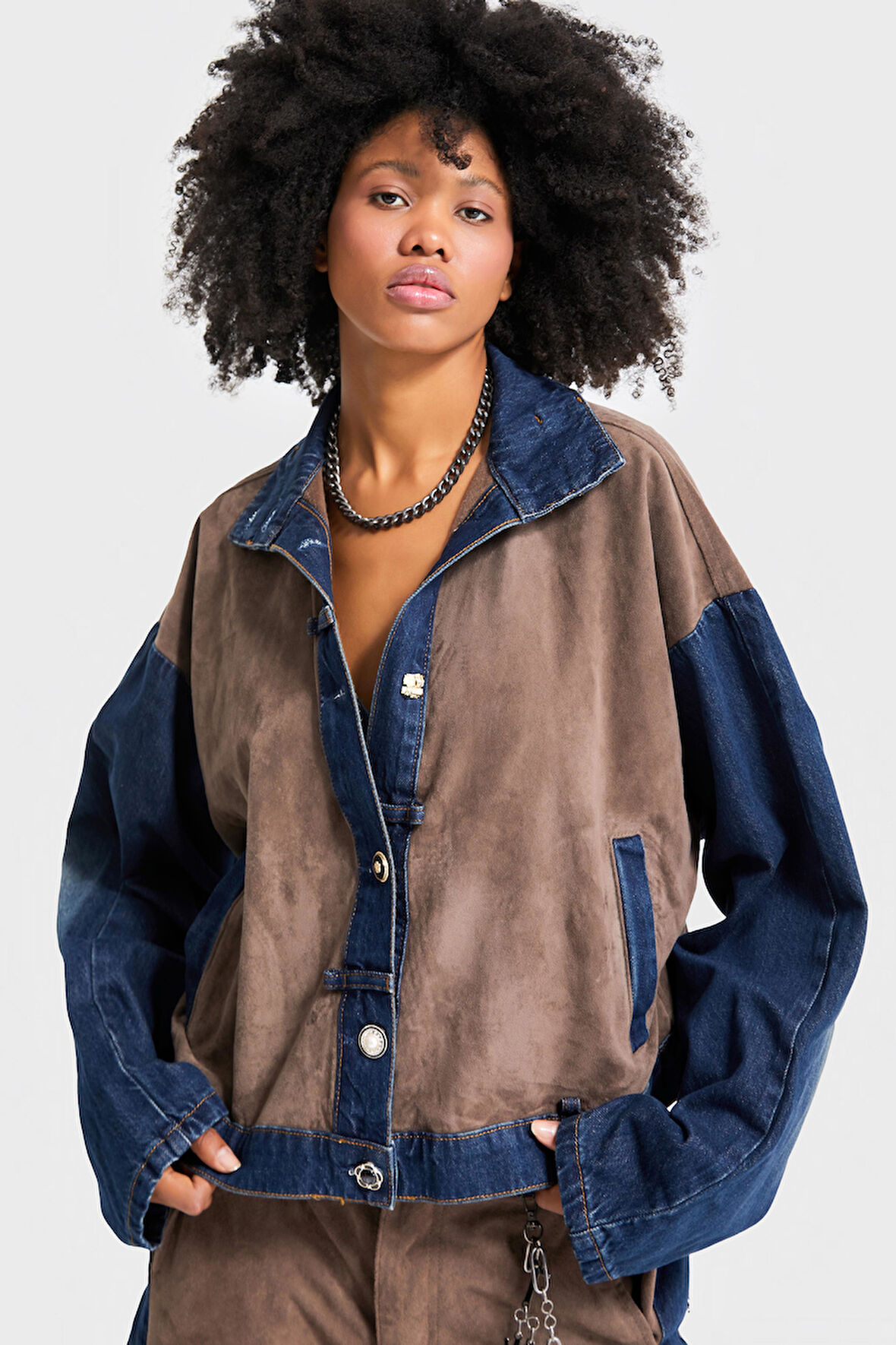 Kadın Kahve Kot Rengi Süet Denim Parçalı Özel Tasarım Denim Ceket