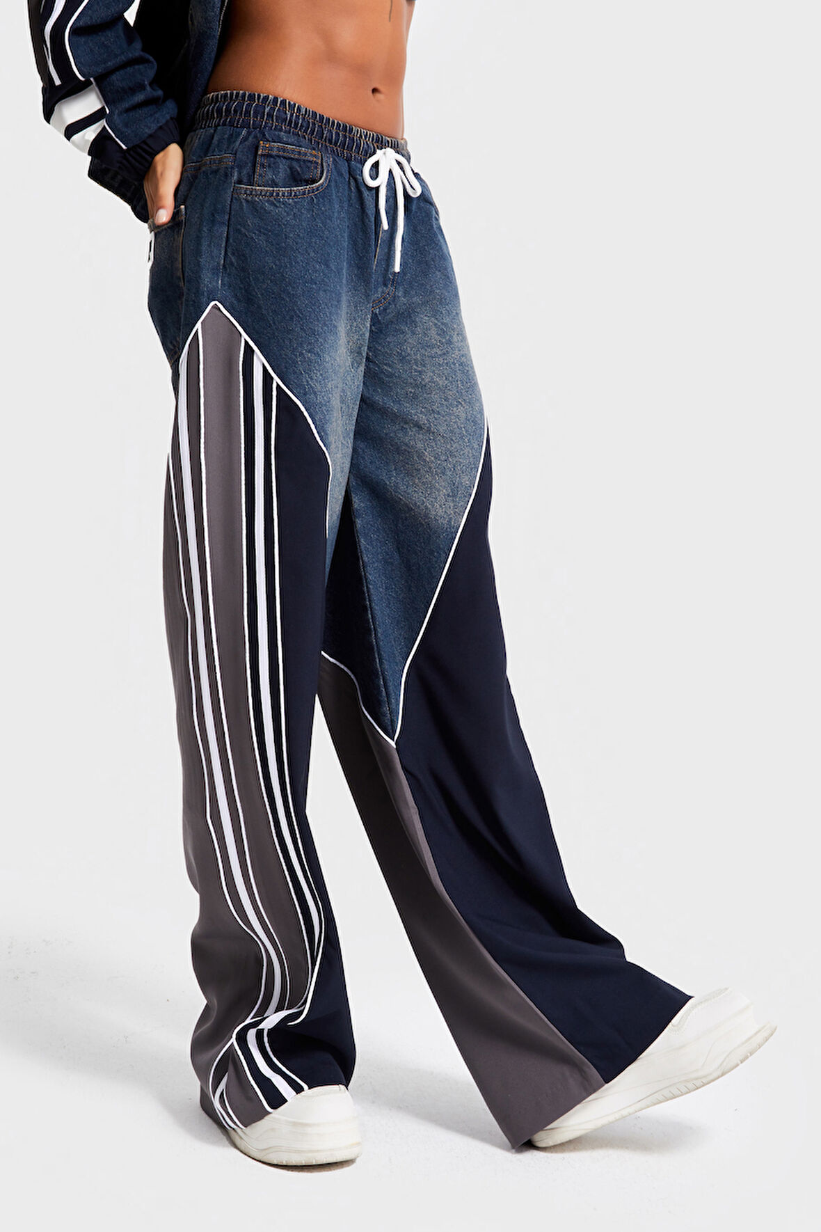 Kadın Kot Rengi Denim Kumaş Parçalı Bol Kesim Özel Tasarım Denim Jean