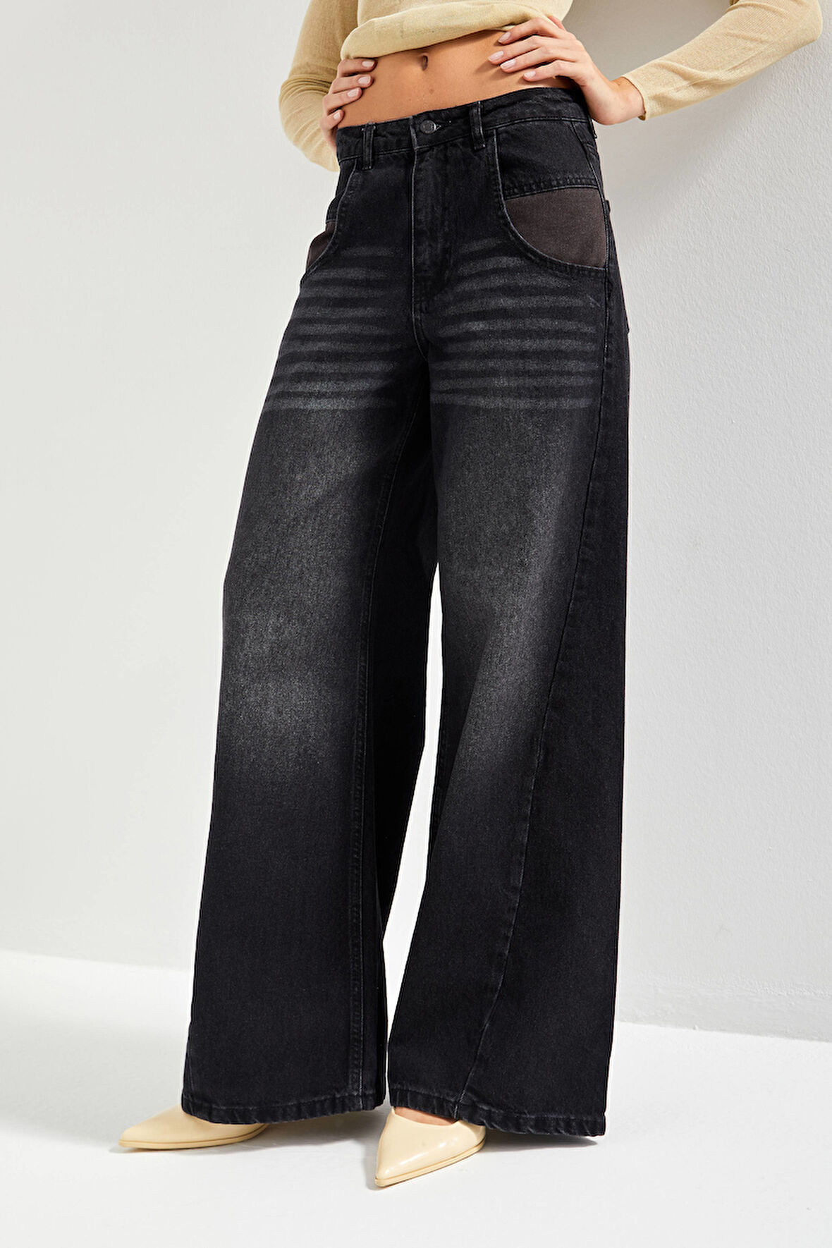 Kadın Koyu Füme Renk 2w5-1 Palazzo fit Bol Kesim Cep Detaylı %100 Koton Denim Jean