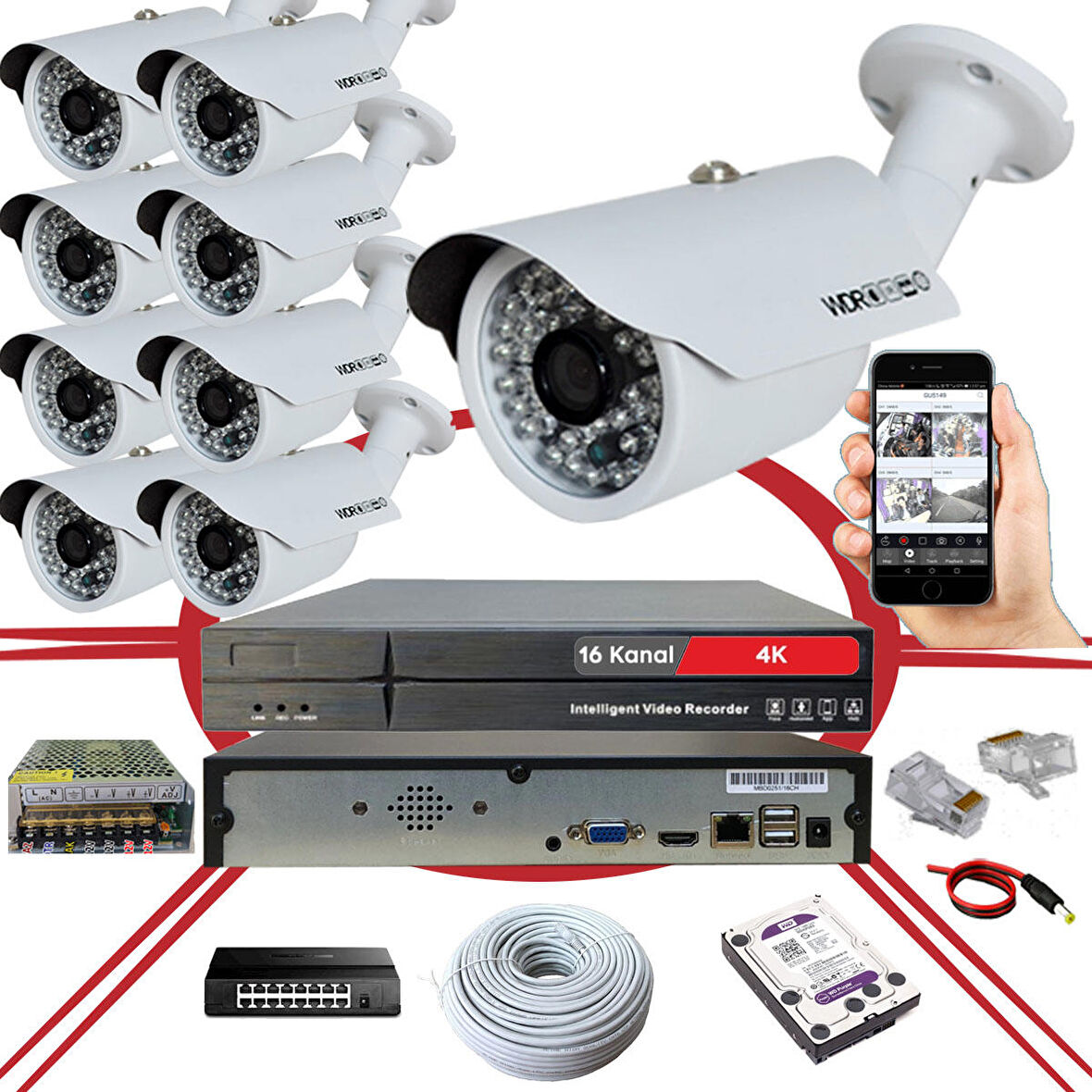 BS 748IP 6 Megapiksel 2590x1940 IP Kamera Güvenlik Kamerası Seti 9'lu