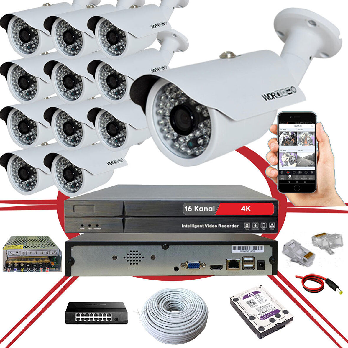 BS 748IP 6 Megapiksel 2590x1940 IP Kamera Güvenlik Kamerası Seti 12'li