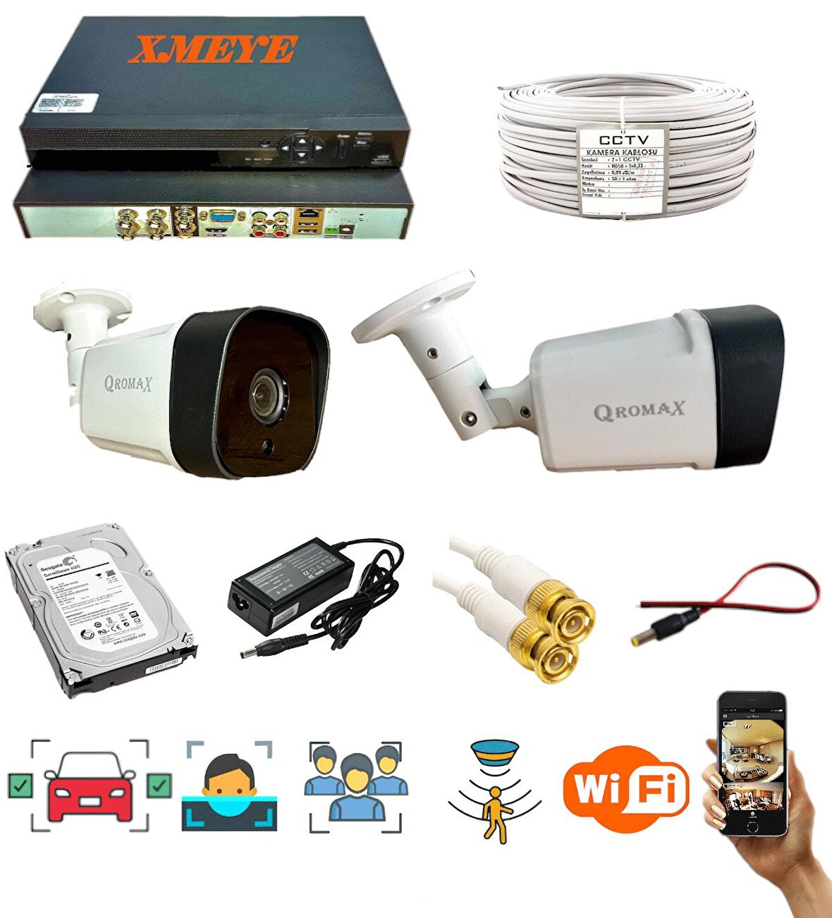 1  İNSAN VE YÜZ TANIMALI HAREKET ALGILAYAN METAL KASA 5 MP LENS 1080P 8 SÜPERKING LED GÜVENLİK KAMERASI SETİ 5236