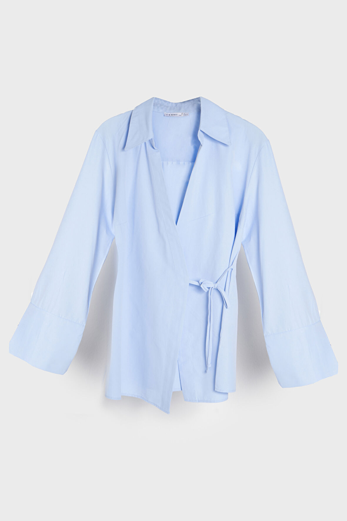 Kadın Bebe Mavisi Renk s5-103 Yandan Bağlamalı Maxi Uzun Boy Oversize %100 Pamuk Gömlek