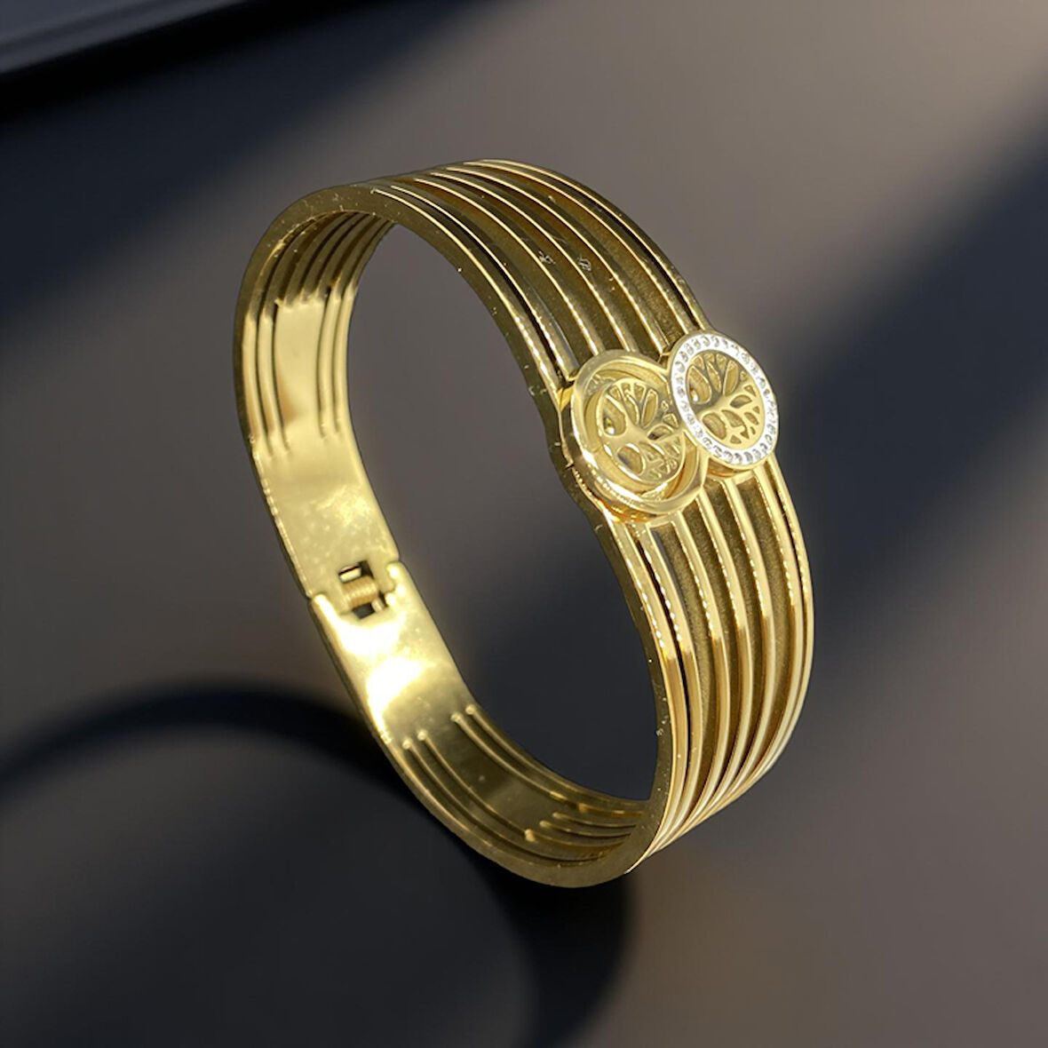 Yaşam Ağacı Detay Premium 316L Gold Renk Şık Modern Kelepçe Model Çelik Bileklik