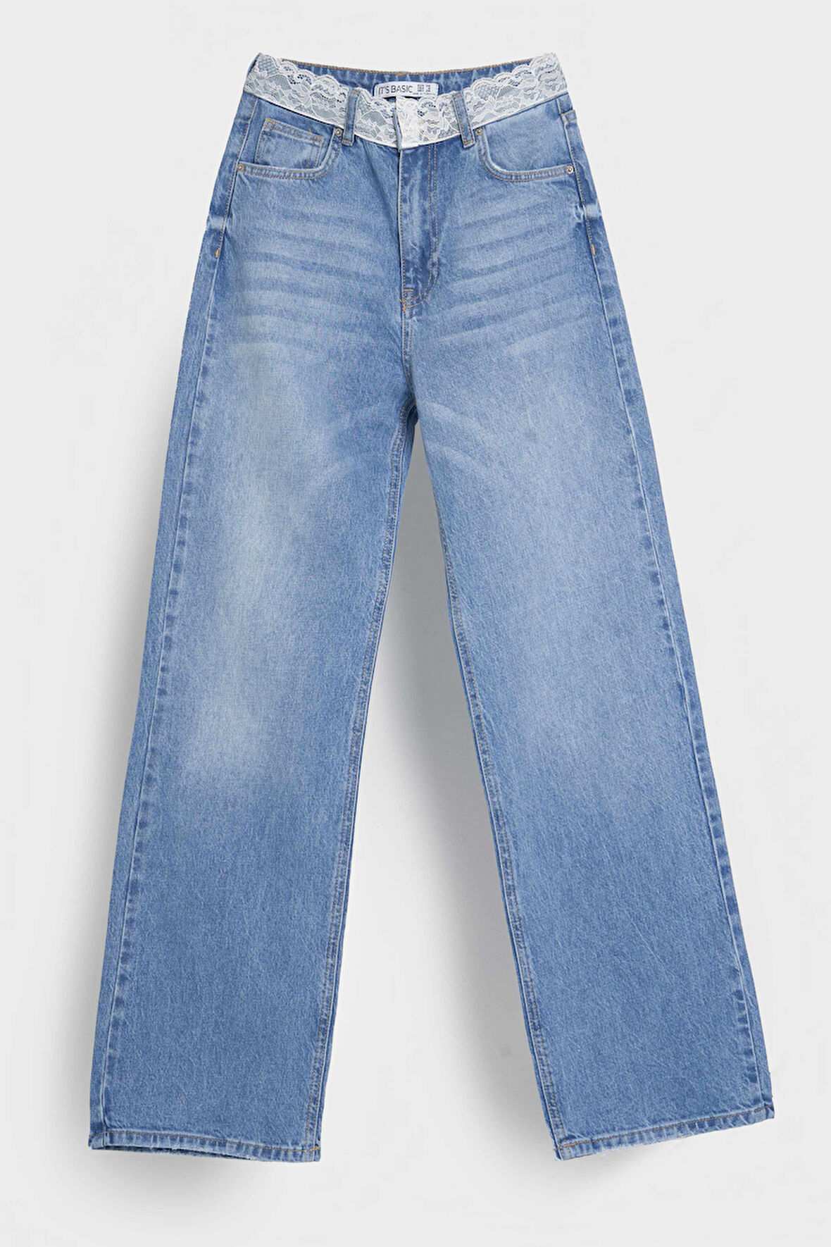 Kadın Mavi Renk D-2s5-3 Straight Fit Kemeri Dantel Detaylı Yüksek Bel %100 Koton Tasarım Denim Jean