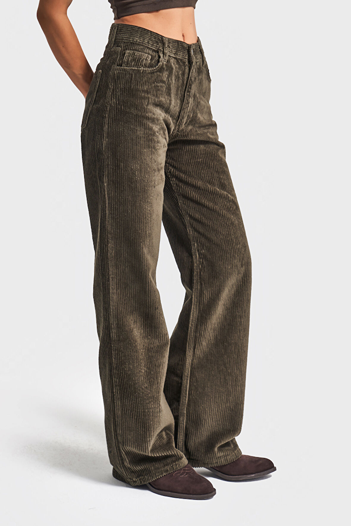 Kadın Haki Renk Doris 26w5-15 Straight Fit Yüksek Bel Kalın Fitilli Velvet Kadife Kumaş Pantolon