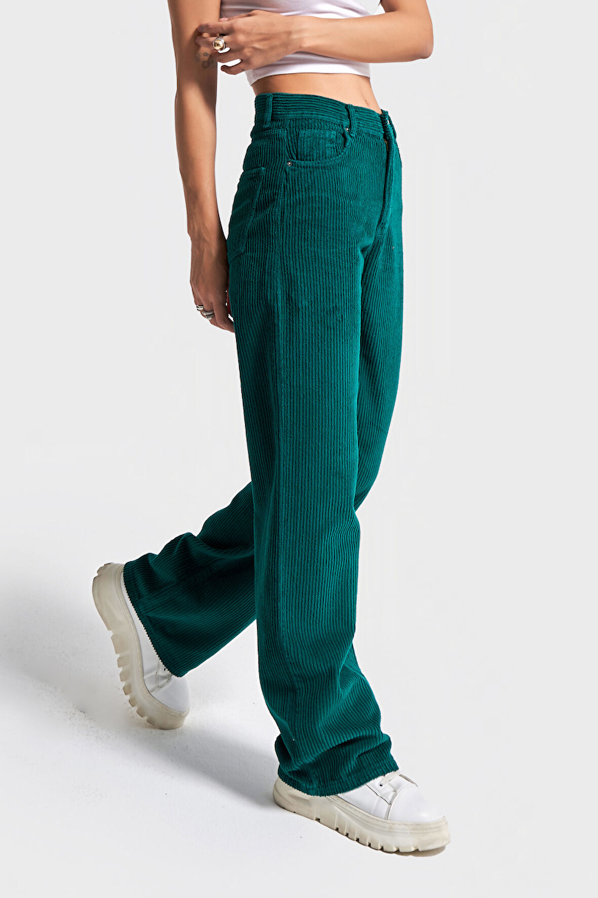 Kadın Petrol Yeşili Doris 29w5-118 Straight Fit Yüksek Bel Kalın Fitilli Velvet Kadife Kumaş Pantolon