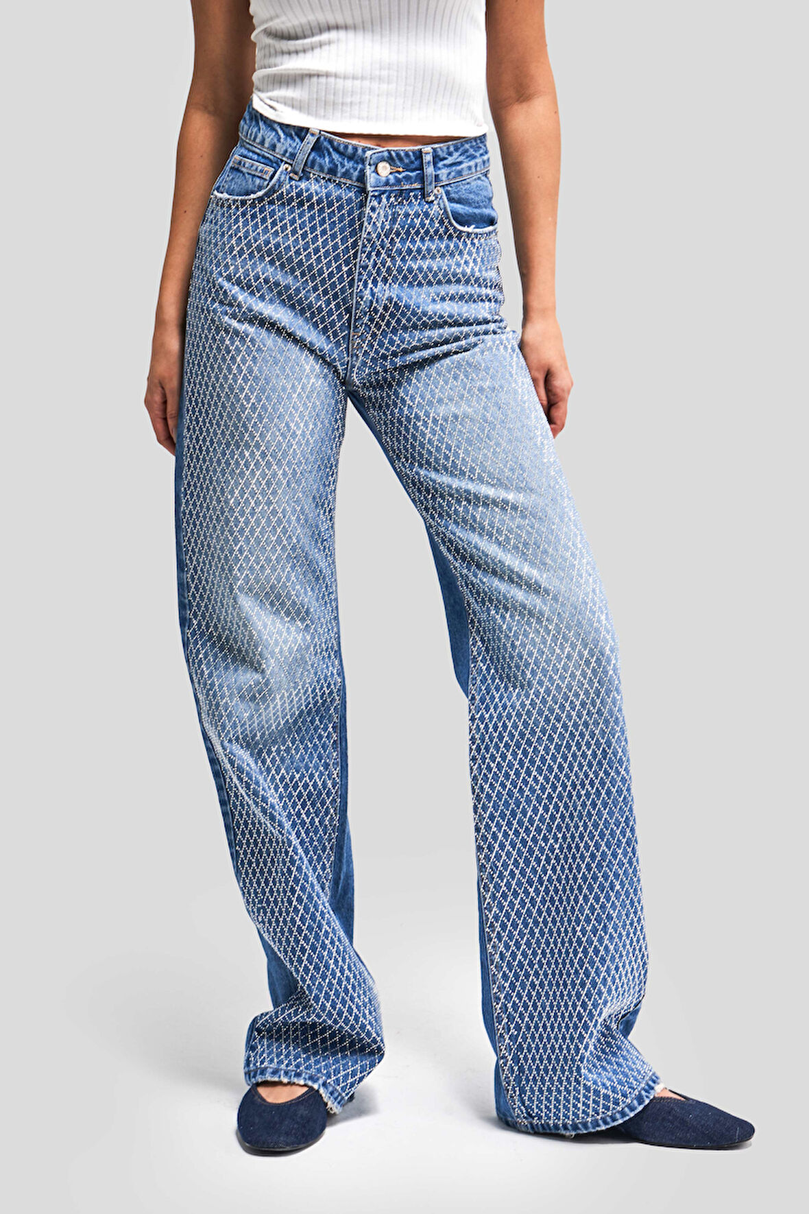 Kadın Mavi Renk T3-2S5-4 Parlak Taşlı Straight Fit Yüksek Bel %100 Koton Tasarım Denim Jean