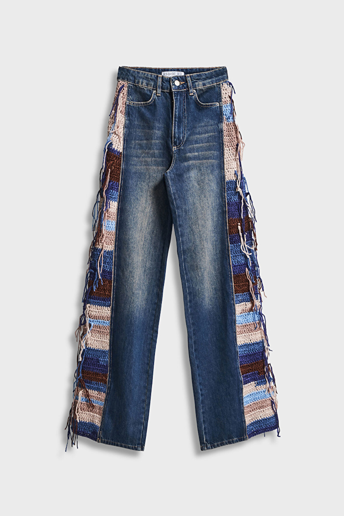 Kadın Kot rengi 2w5-8 Flare Palazzo Fit Etnik Örme Detaylı Viskon Kumaş Özel Tasarım Denim Jean