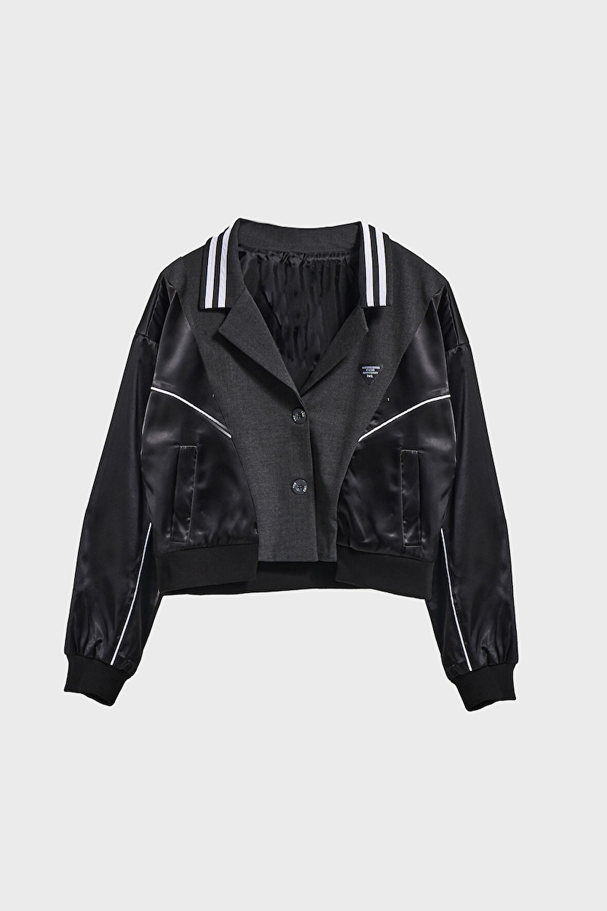 Kadın Antrasit Renk Saten Ve Dokuma Çift Parça Kumaş Özel Tasarım Ceket