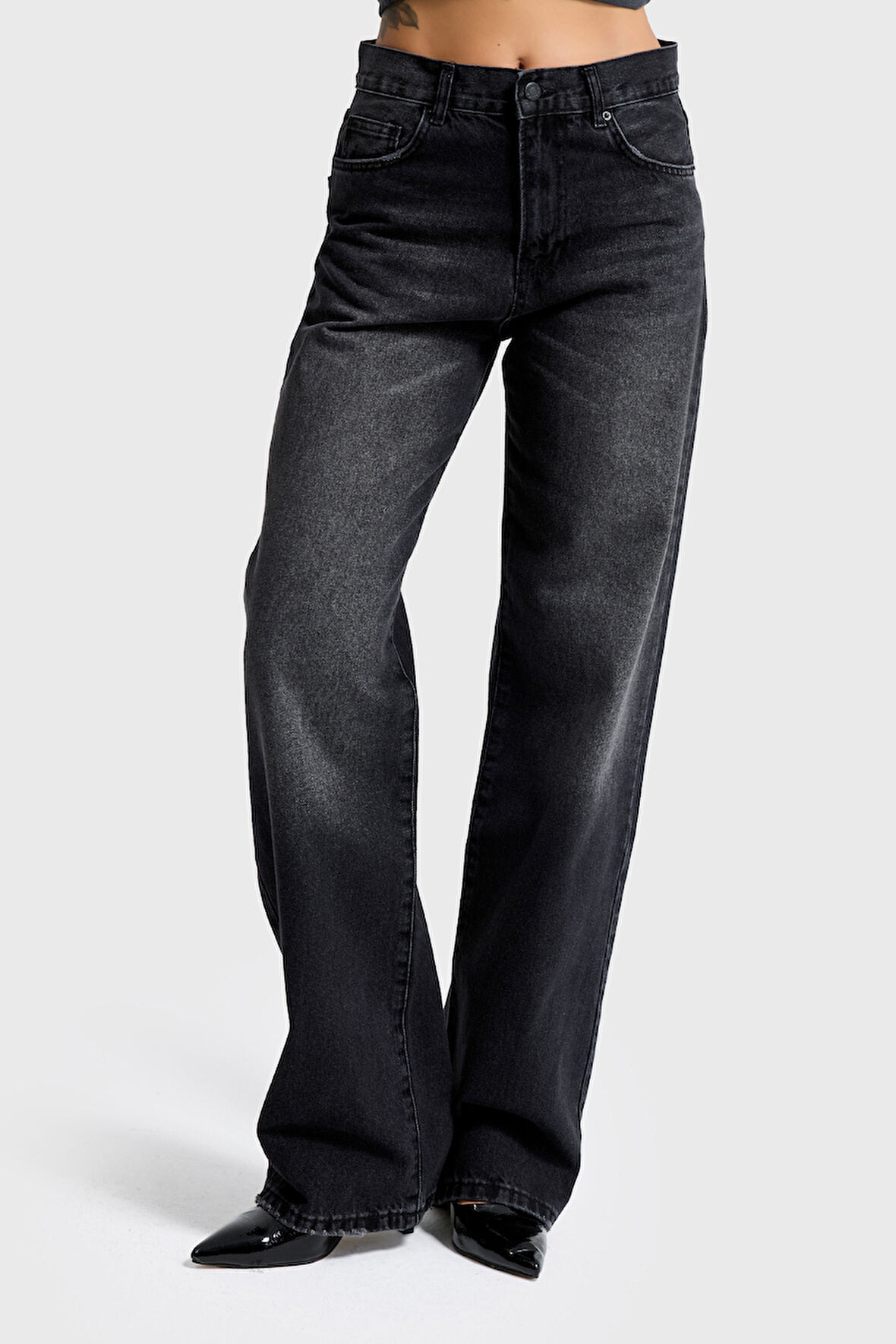 Kadın Koyu Füme Renk 2s6-1 Loose Fit Orta Bel %100 Koton Denim Jean