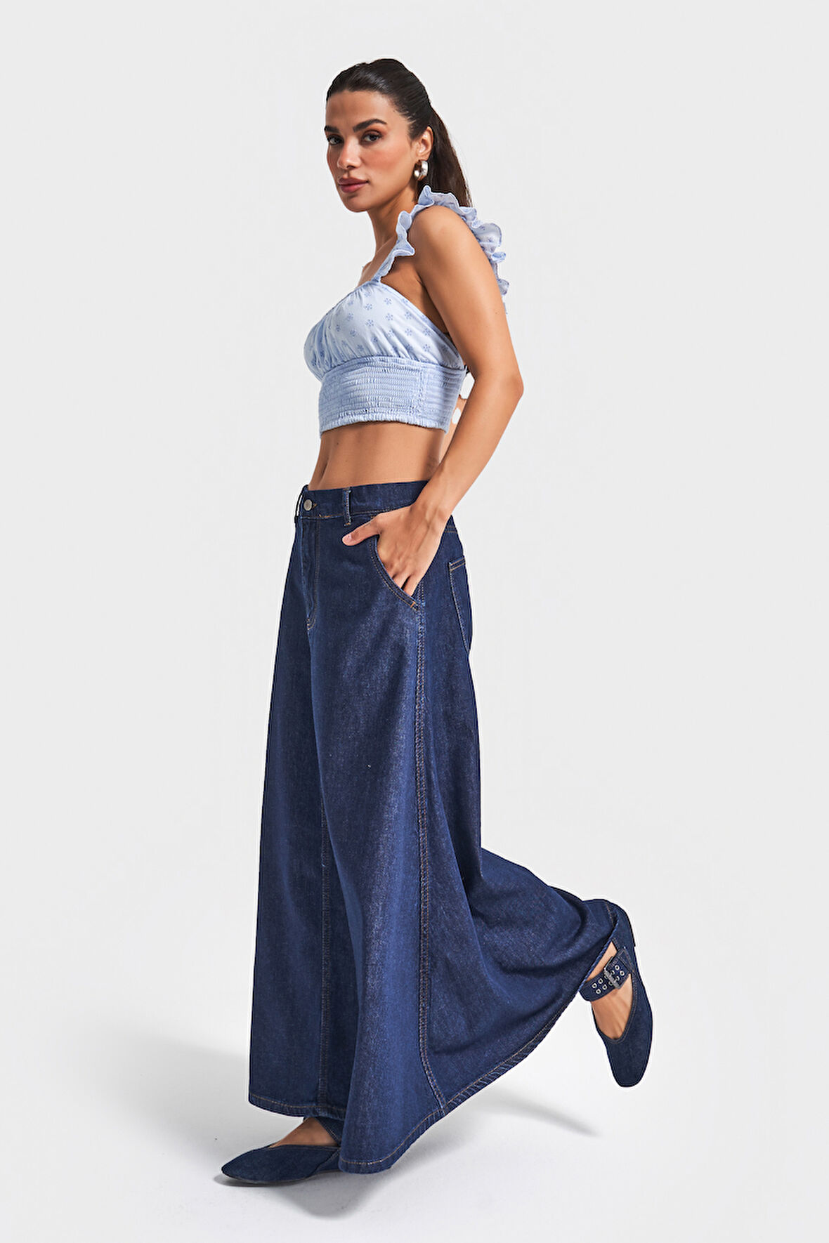 Kadın İndigo Renk 7w5-50 A Tipi Çan Kesim Maxi Boy %100 Koton Denim Etek