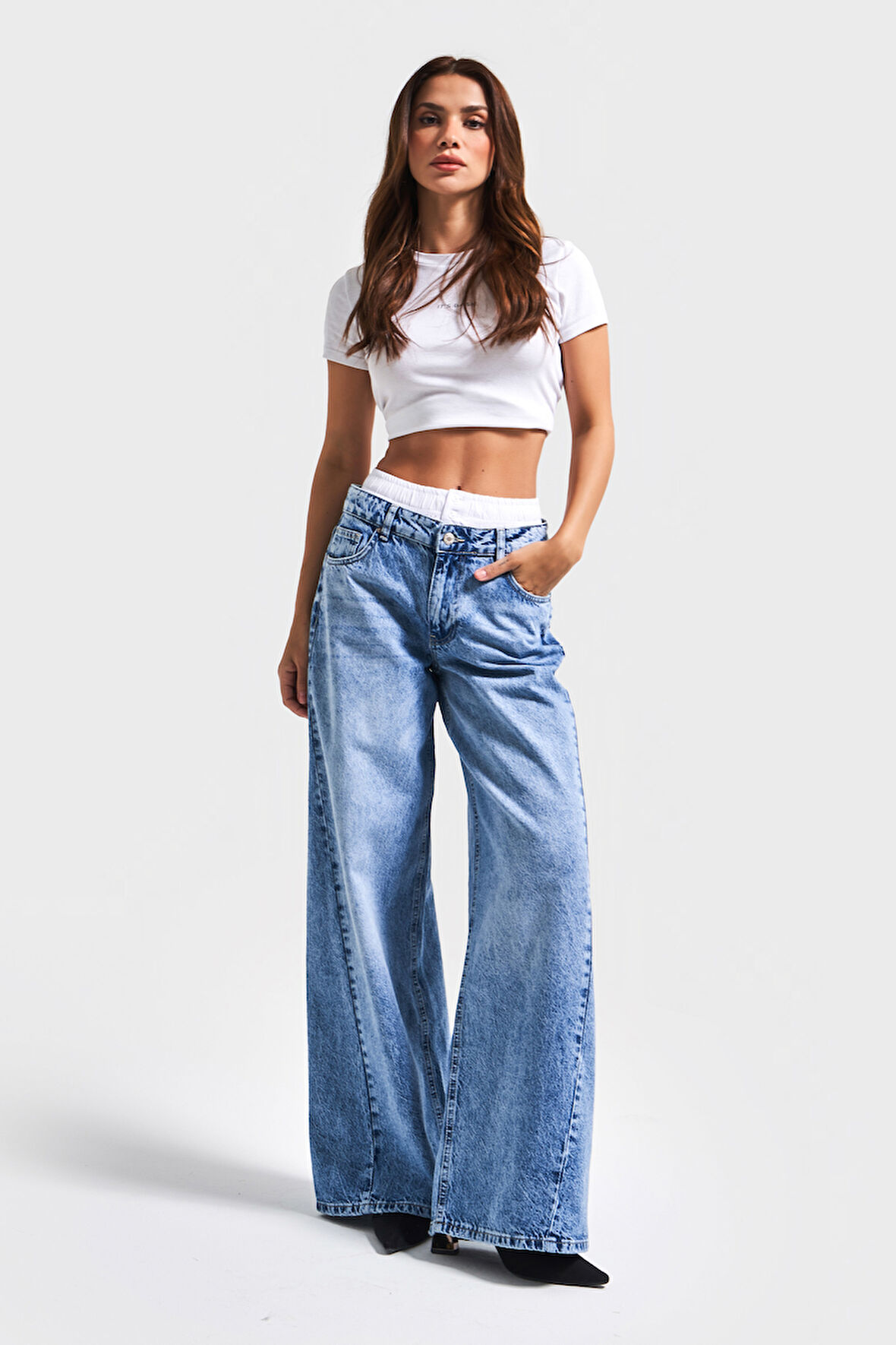 Kadın Mavi Kot Rengi 4S5-4 Boxer Detaylı Palazzo Fit %100 Koton Denim Jean