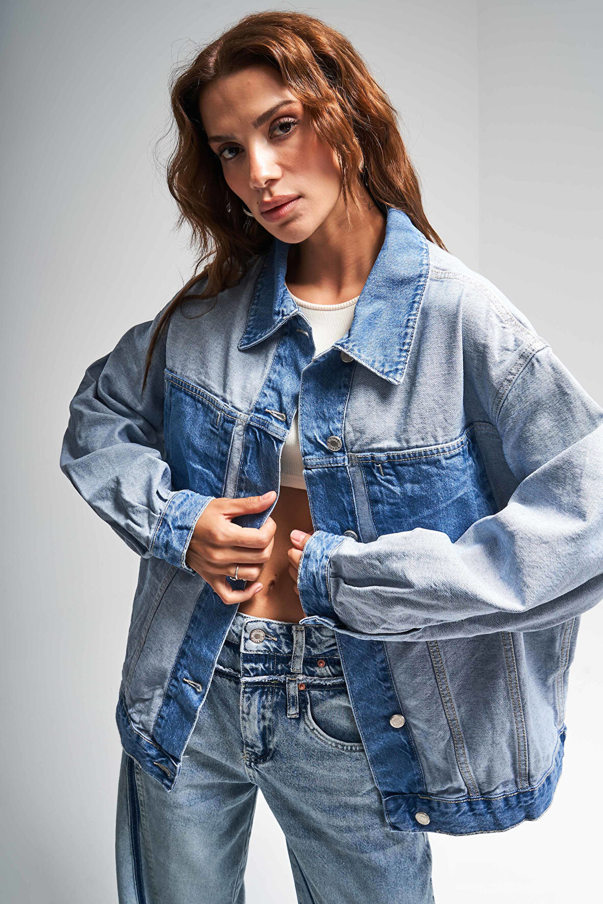 Kadın Kot Rengi Çift Renk Oversize Denim Ceket