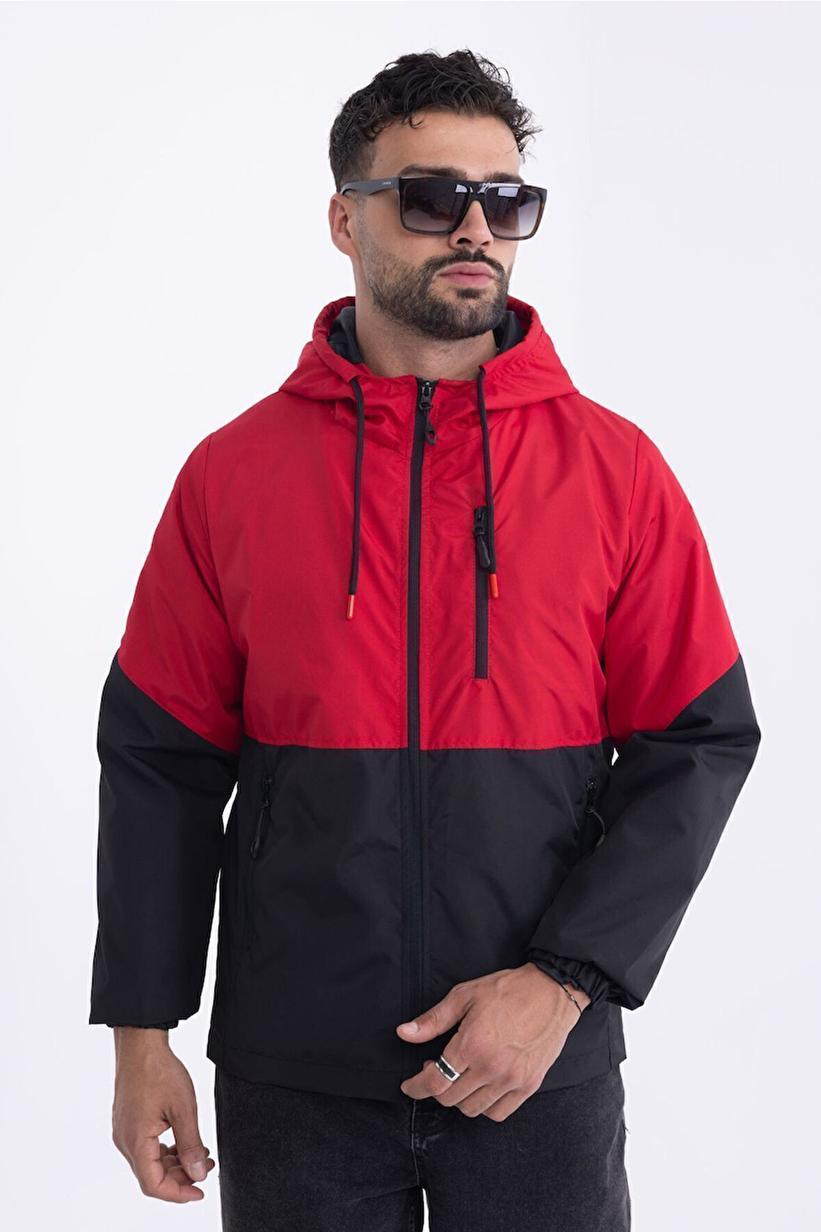 Erkek Kırmızı - Siyah Iki Renk Astarlı Kapüşonlu Cepli Yağmurluk-rüzgarlık | 3XL