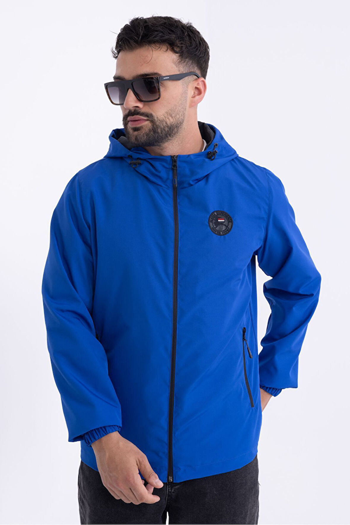 Erkek Astarlı Rüzgara Dayanıklı Kapüşonlu Saks Yağmurluk - Rüzgarlık | 3XL