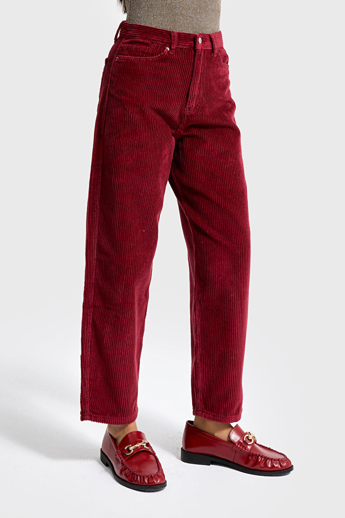 Kadın Bordo Renk 26w5-35 Relax Fit Kalın Fitilli Velvet Kadife Kumaş Pantolon