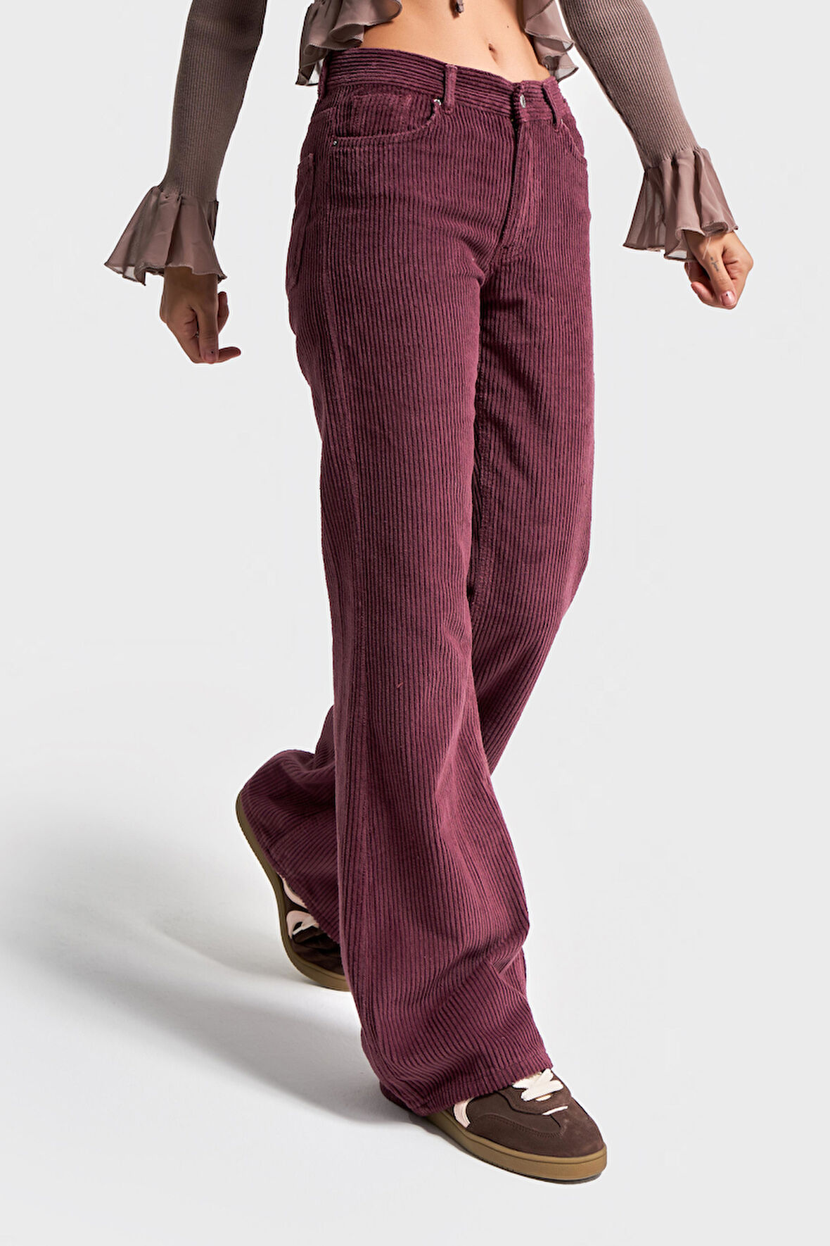 Kadın Mürdüm Renk 29w5-52 Midrise Flare Fit Kalın Fitilli Velvet Kumaş Kadife Pantolon