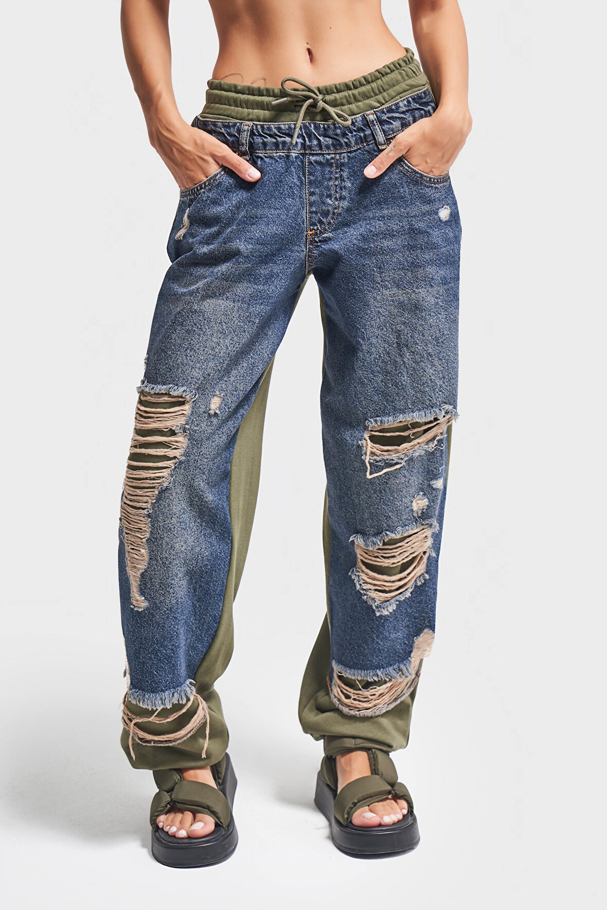 Kadın Haki Renk 10w48 Parçalı Kumaş Tasarım Jogger Denim