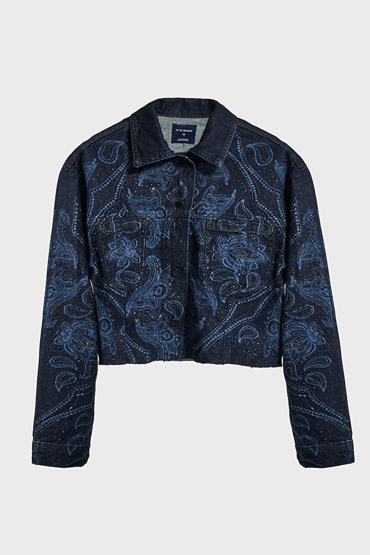 Kadın Koyu Mavi Renk 9w5-5 Önü Düğmeli Parlak Taş Desenli Özel Tasarım Denim Ceket