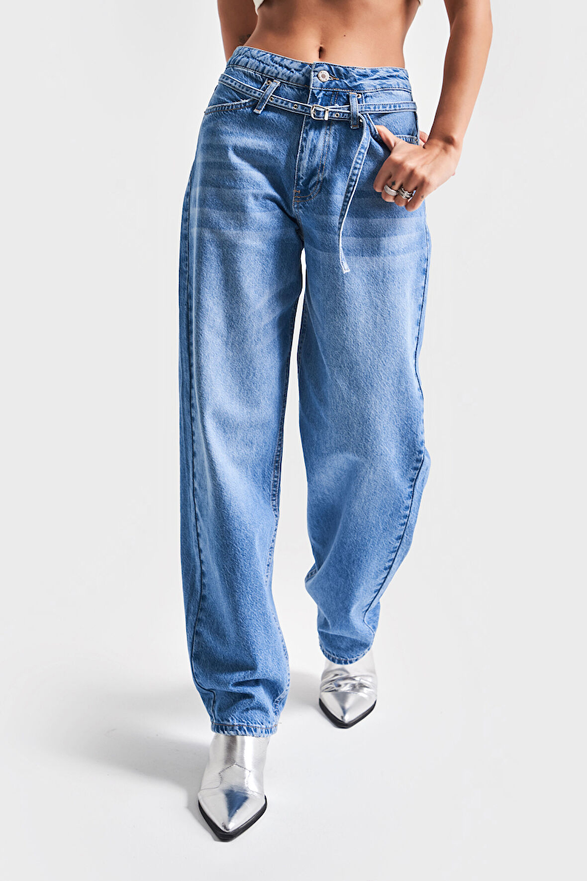 Kadın Mavi Renk 2S54 Taılored Fit Kemerli %100 Koton Denim