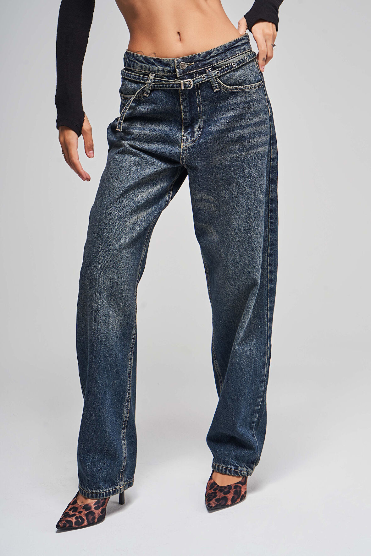 Kadın T.Kot Rengi Taılored Fit Kemerli %100 Koton Denim