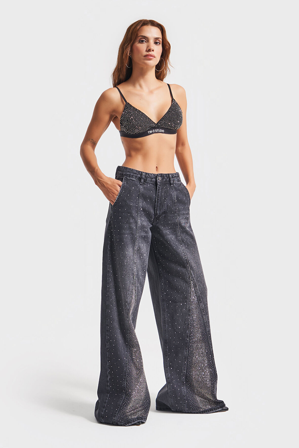 Kadın Koyu Füme Renk Palazzo Fit Parlak Taşlı Tasarım Denim