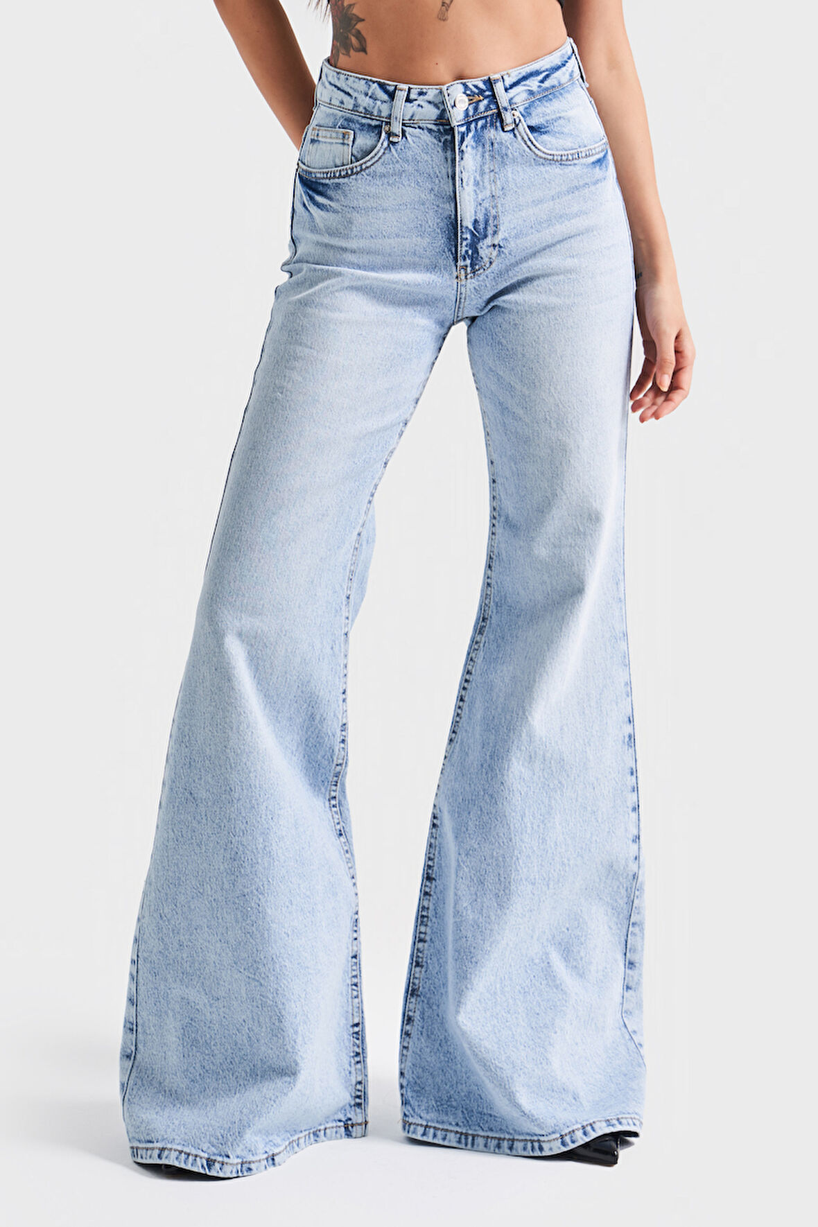 Kadın Kot Rengi 4s5-3 Flare Fit Bol Paça %100 Koton İç Boy 83cm Denim Jean