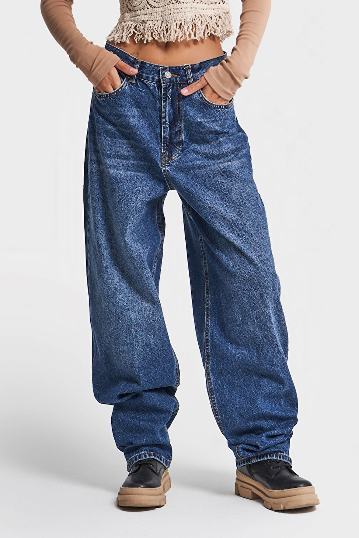 Kadın Mavi Kot Rengi 2W4-5 Super Baggy Fit %100 Koton Super Uzun Orta Bel Denim Jean