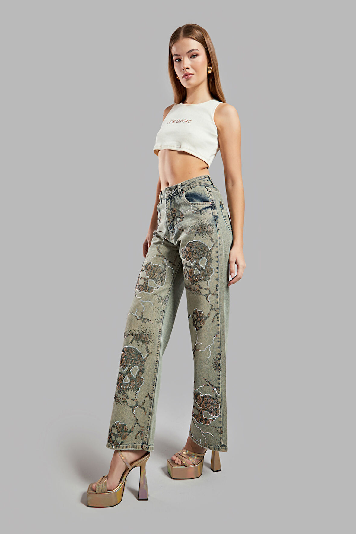 Kadın T.Kot Rengi 4W425 Parlak Taş Detaylı Straight Fit Tasarım Denim