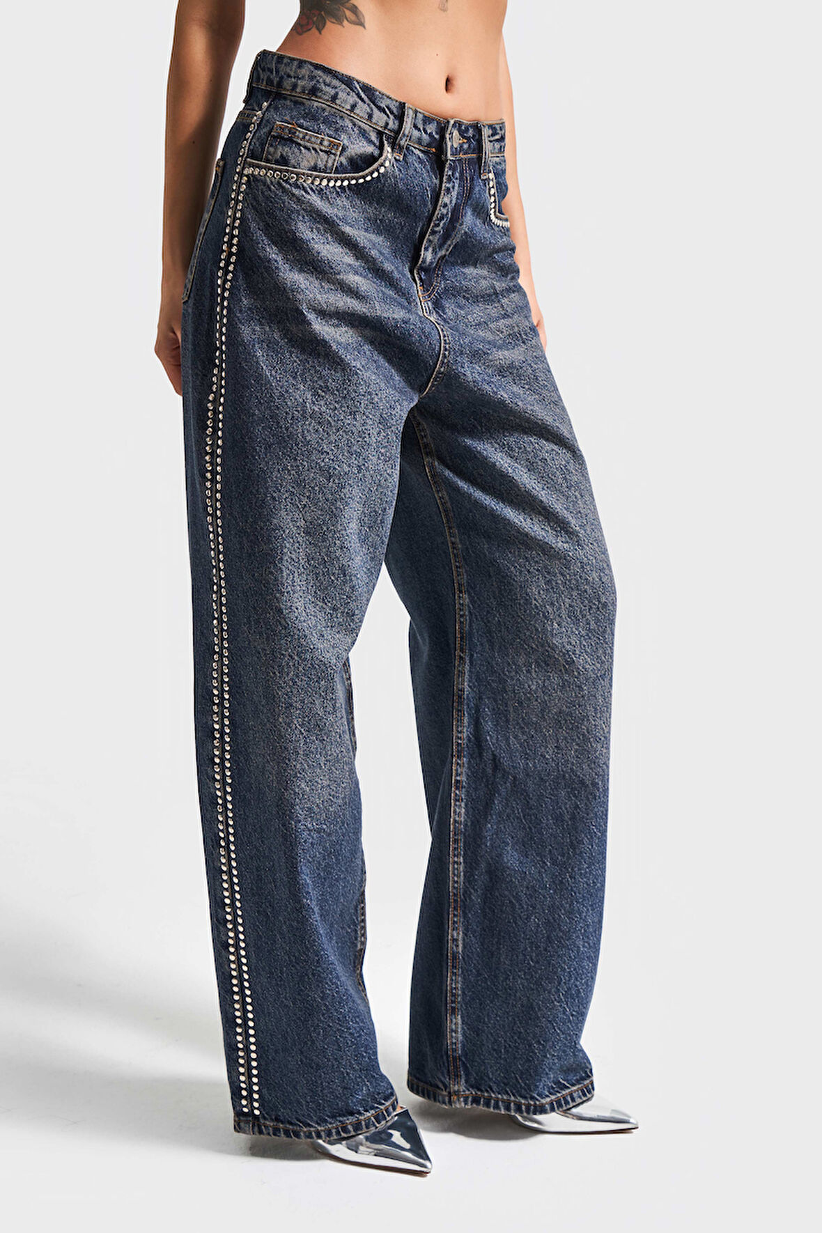 Kadın T.Kot Rengi 2W4-8 Skater Fit Yandan Taş Detaylı Bol Kesim Tasarım Denim Jean