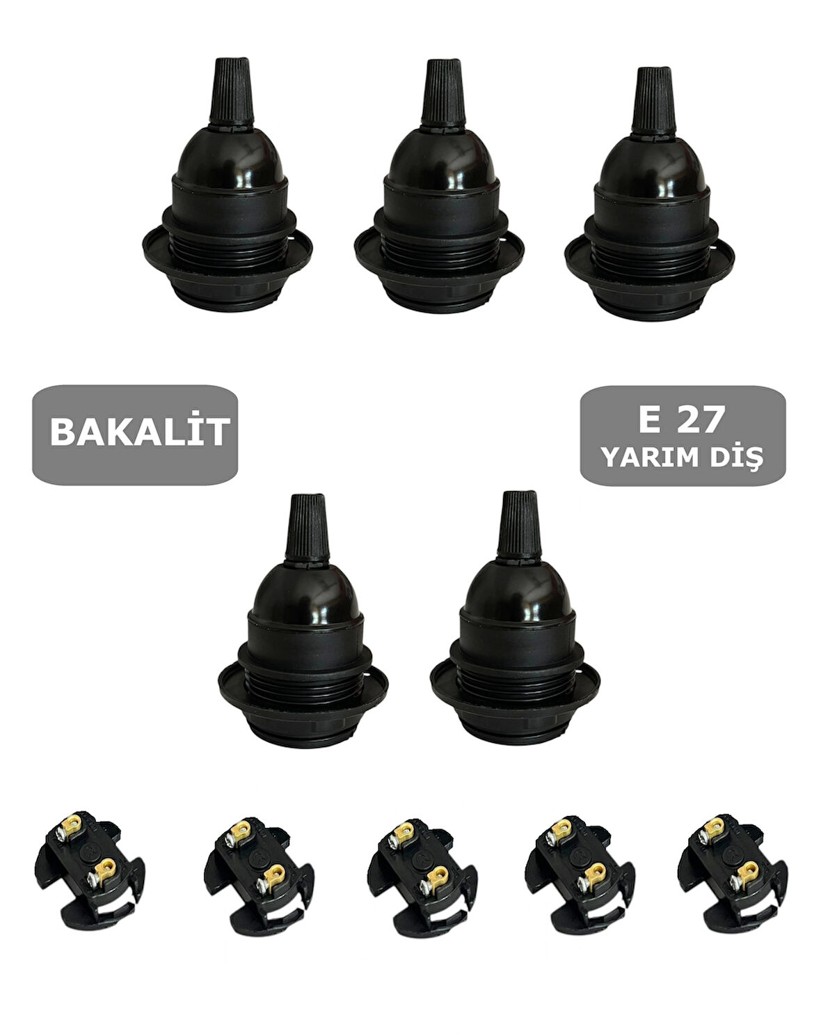 İtalyan E27 Duy Vidalı Yarım Diş Avize, Abajur, Ağaç Feneri Duyu Halkalı (250V-4A)(Bakalit) 5 Adet