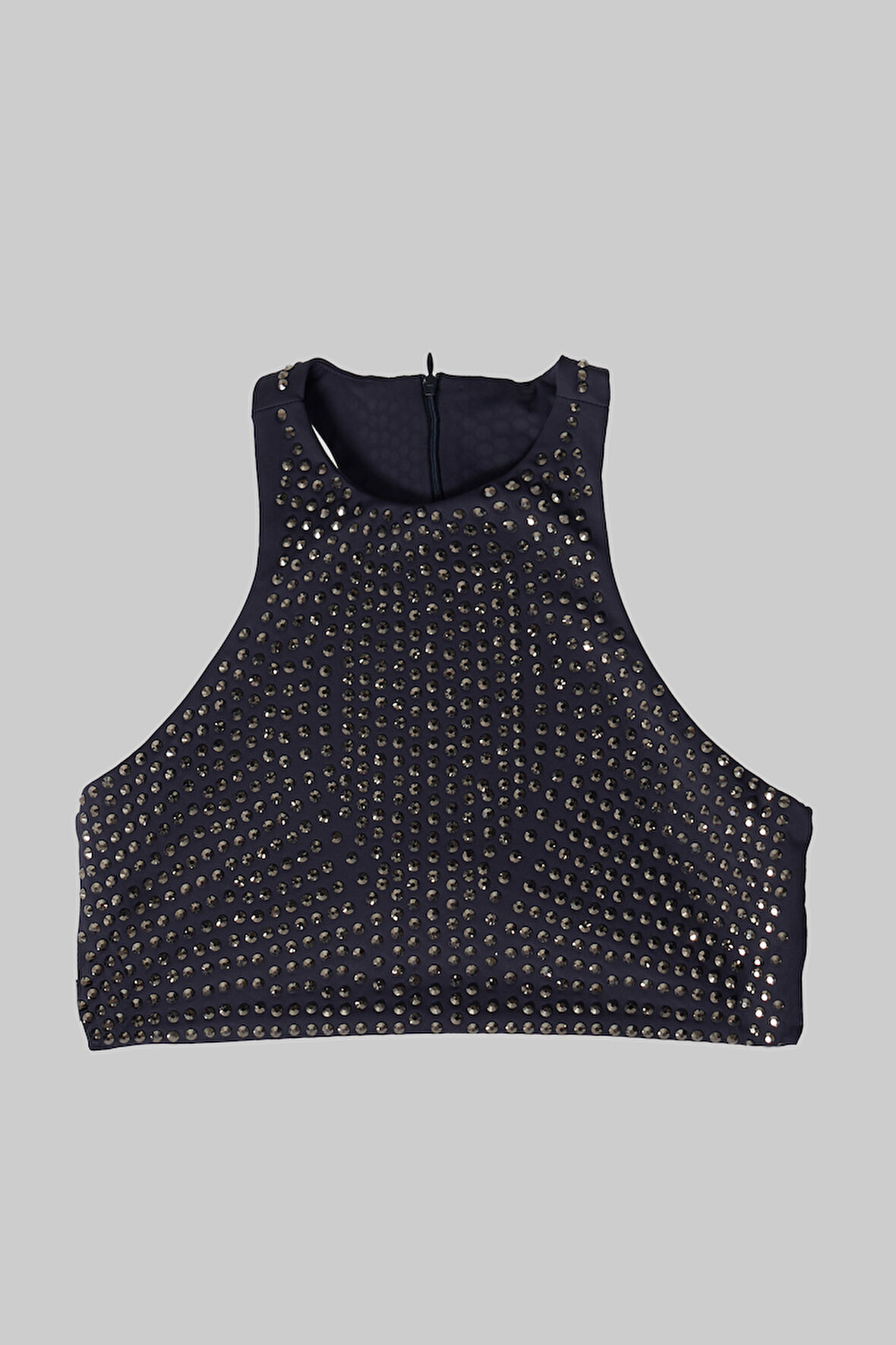 Kadın Lacivert Renk Halter Yaka Parlak Yapıştırma Taşlı Tasarım Crop Top