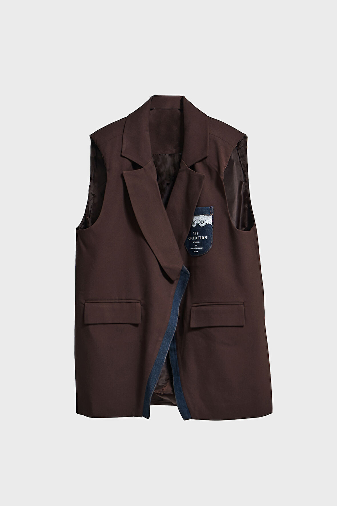 Kadın Kahverengi Denim Parçalı Uzun Boy Özel Tasarım İçi Astarlı Yelek