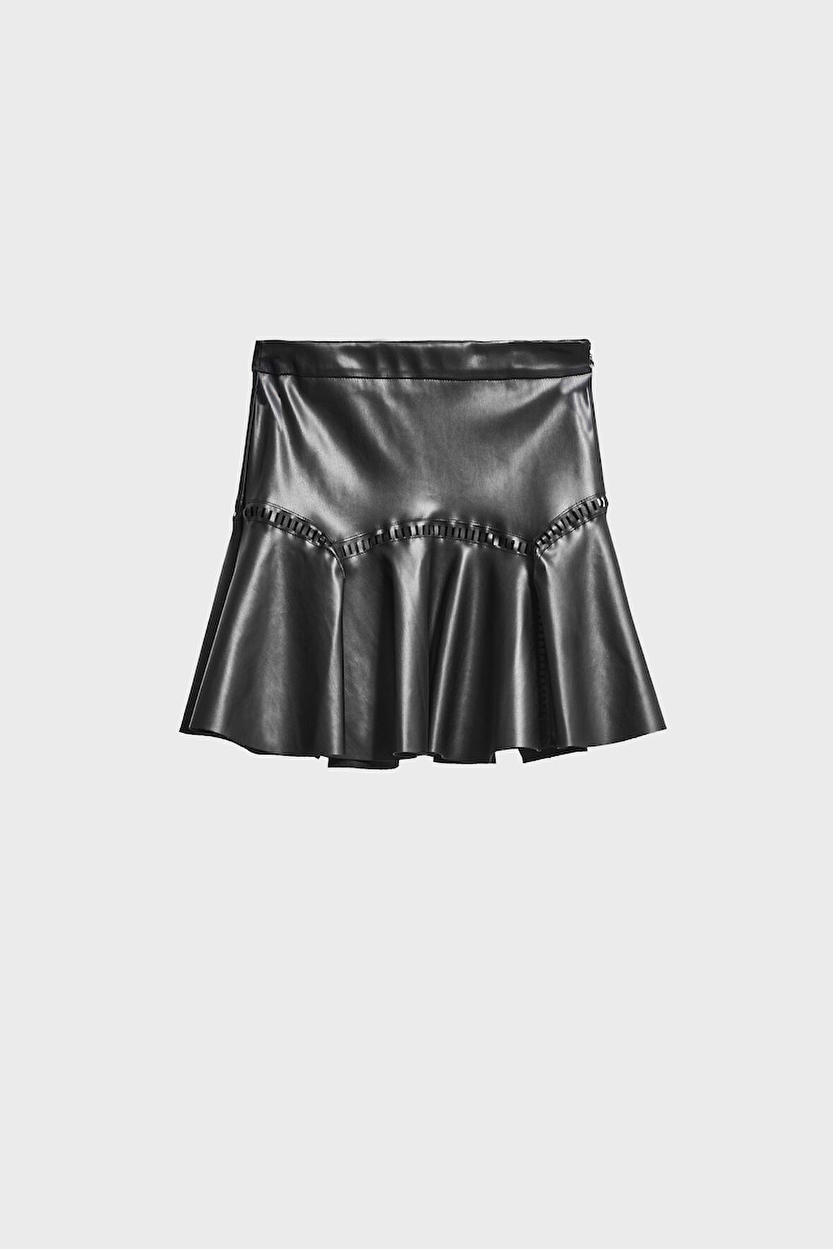 Kadın Siyah renk w5-1 Pileli Özel Tasarım Suni Deri Poliviskon Kumaş Etek