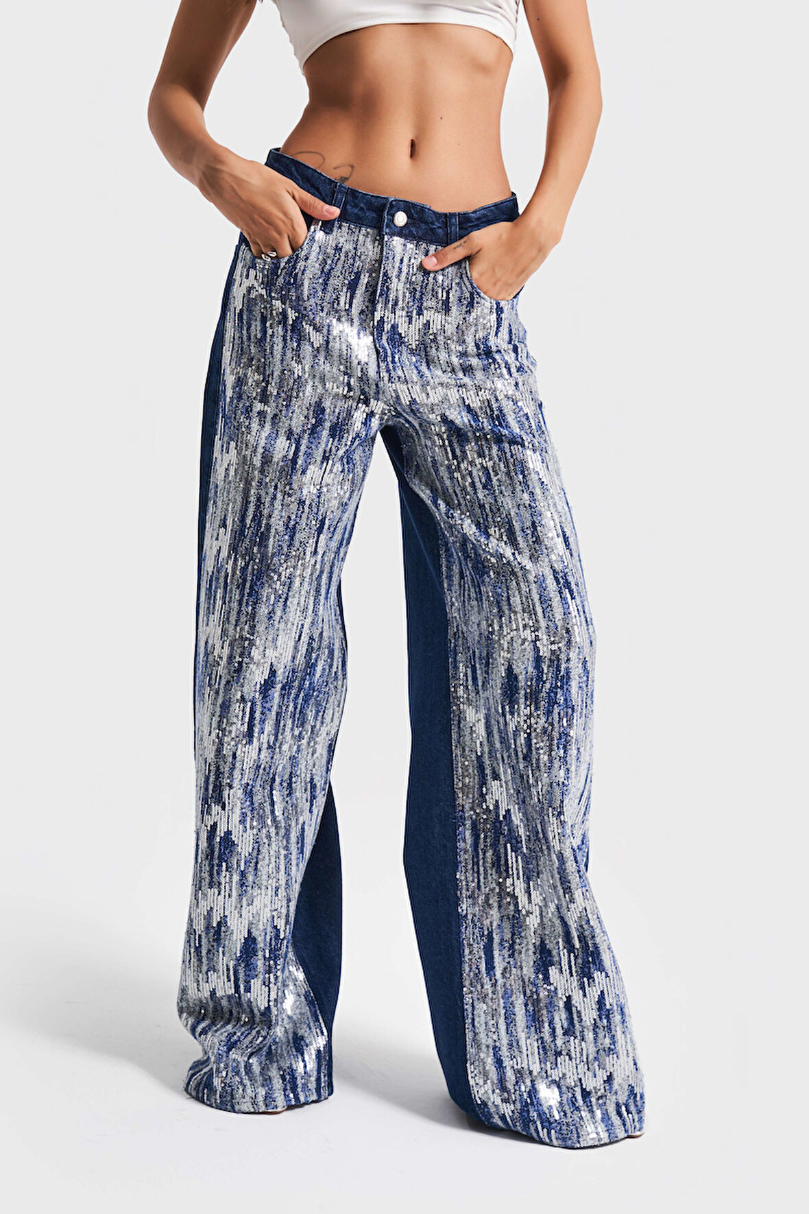 Kadın Mavi Renk 1w5-4 Palazzo Fit Pullu Özel Kumaş %100 Koton Tasarım Denim Jean