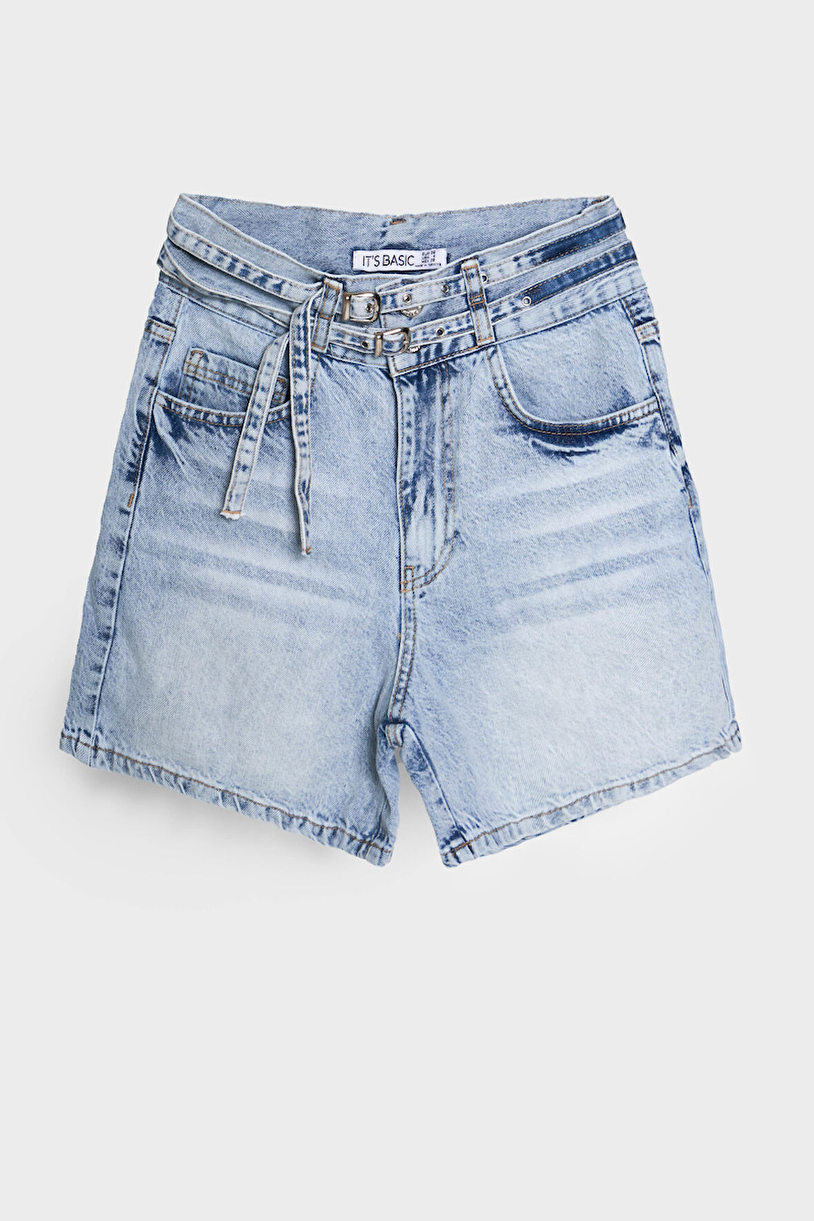 Kadın Kot Rengi 4s5-3 Midi Boy Çift Kemerli %100 Koton Tasarım Denim Şort