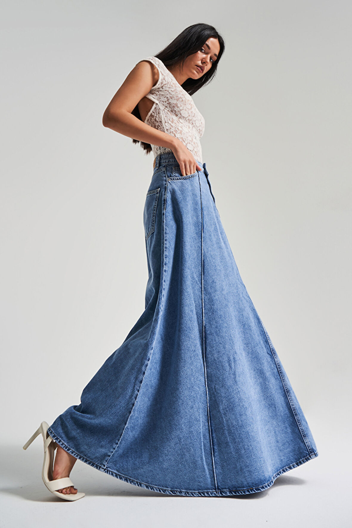 Kadın Mavi Renk 1s5-4 Maxi Boy 103cm A Tipi Çan Kesim %100 koton Süper Uzun Denim Etek