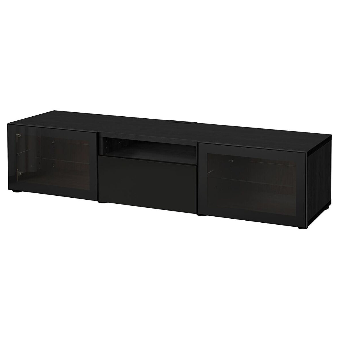 Tv sehpası, venge-siyah-şeffaf cam, 180x42x39 cm, SELSVIKEN/GLASSVIK, çıt çıt raylı