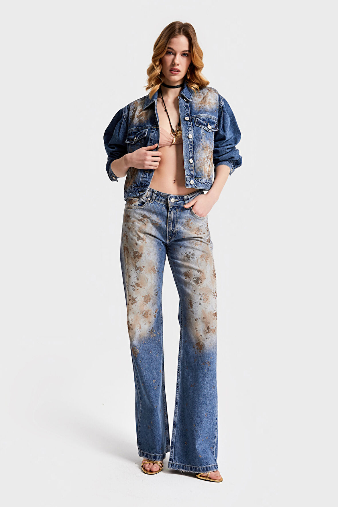 Kadın T.Kot Rengi 4S568 Parlak Taşlı Tasarım Baggy Flare Fit Denim