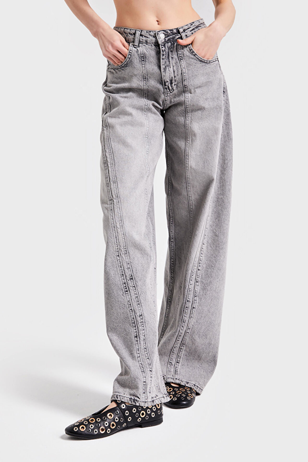 Kadın Gri Renk 4S5-92 Şerit Detaylı Straight Fit %100 Koton Denim
