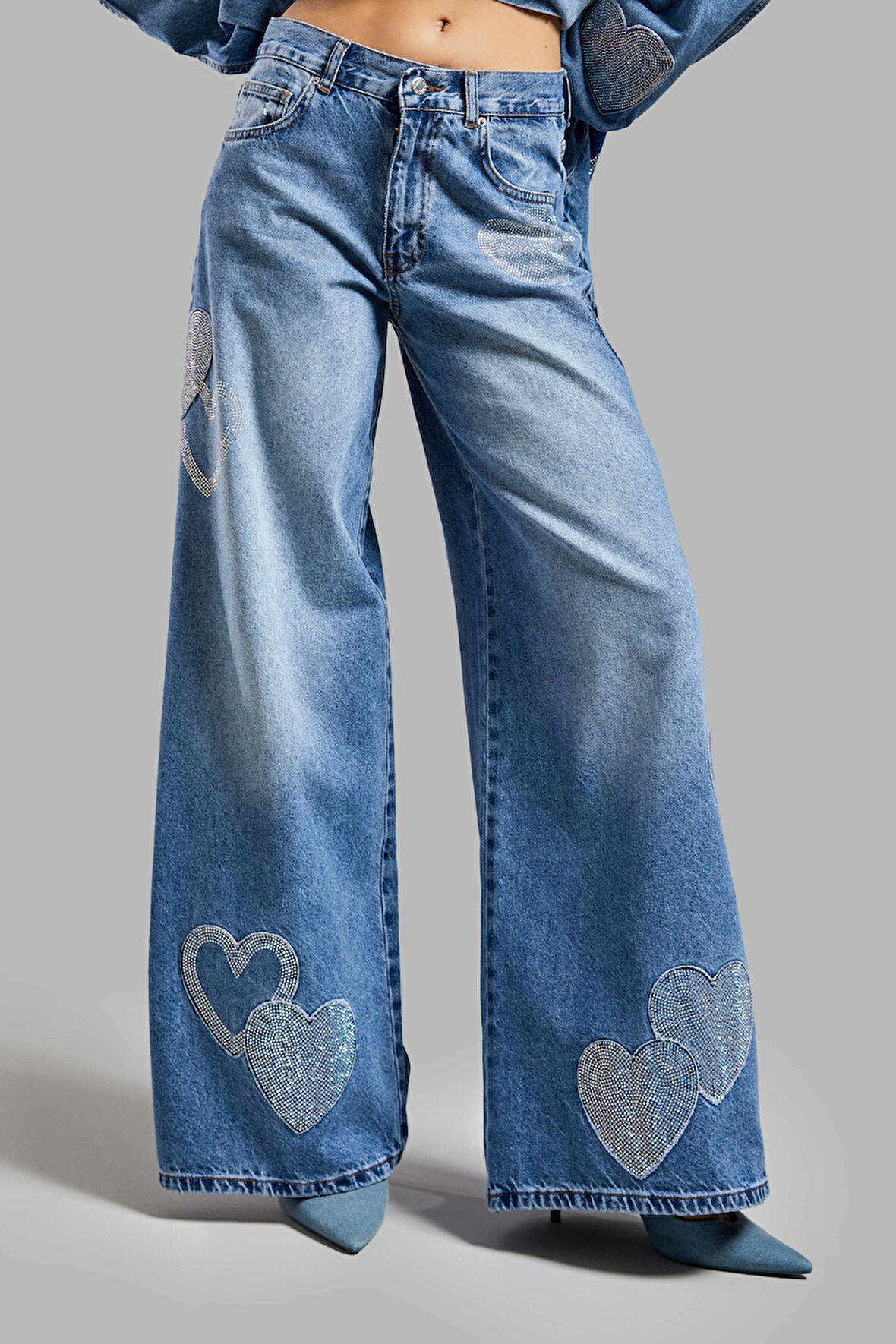 Kadın Kot Rengi 2S54 Parlak Taşlı Kalp Detaylı Bol Kesim Tasarım Denim