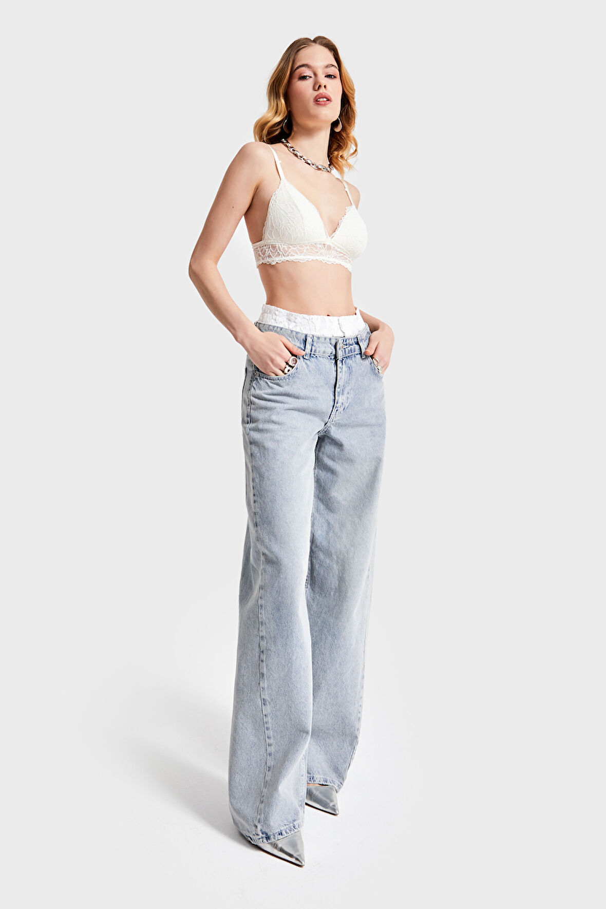 Kadın Kot Rengi 2S532 Dantelli Boxer Detaylı Palazzo Fit Denim