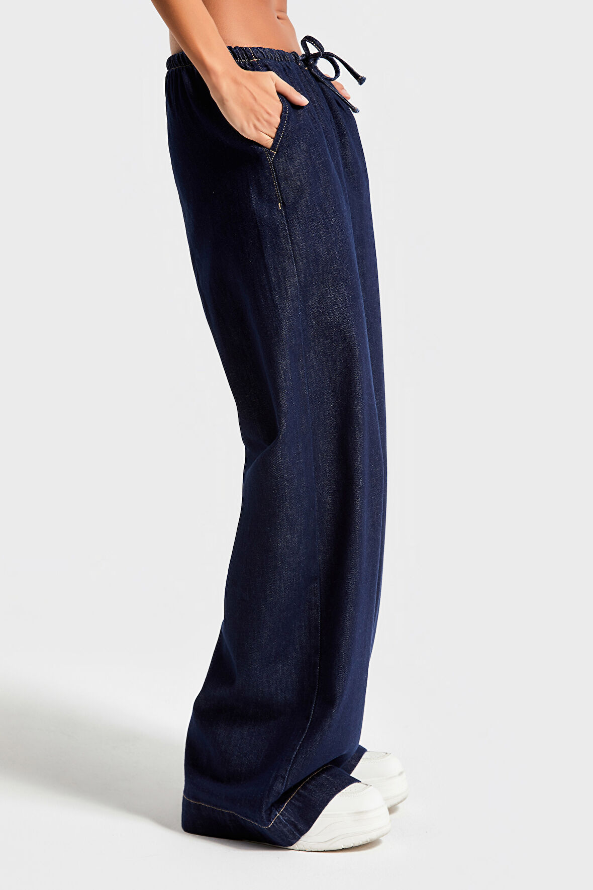 Kadın İndigo Renk 7w450 Rahat Kumaş Bol Kesim Denim