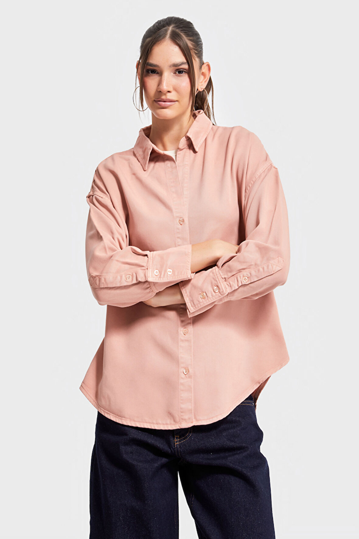 Kadın Pudra Renk 6s5-21 Organik Pamuk Viskon  Kumaş Oversize Gömlek