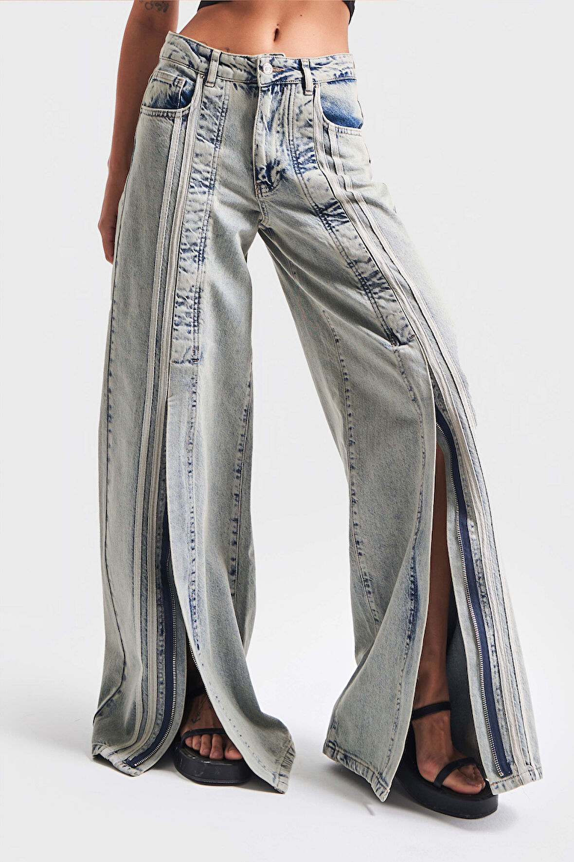 Kadın Kot Rengi 3S565 Şerit Detaylı Yırtmaçlı Palazzo Fit %100 Koton Denim