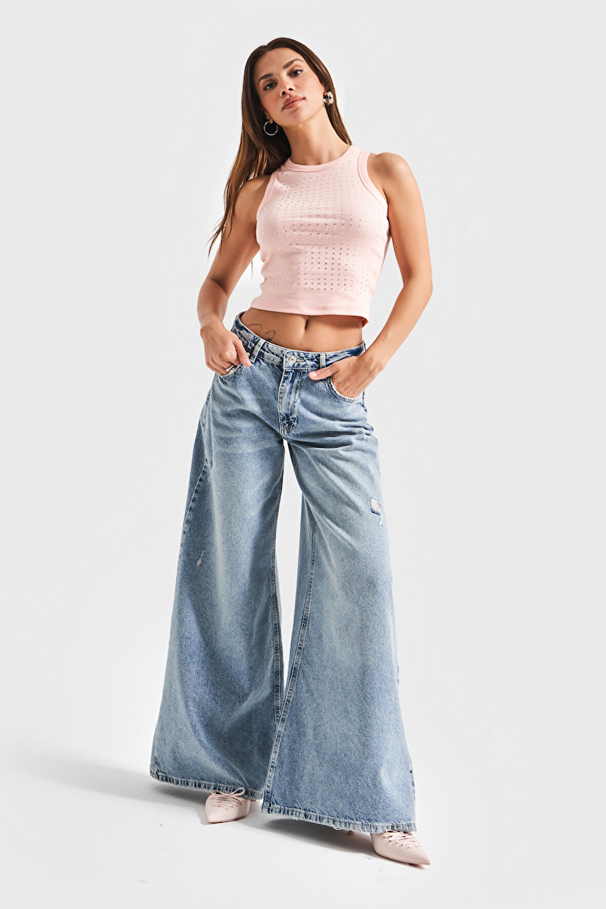 Kadın T.Kot Rengi 10s5-32 Elephant Leg Bol Kesim %100 Koton Yırtık Detaylı Denim Jean