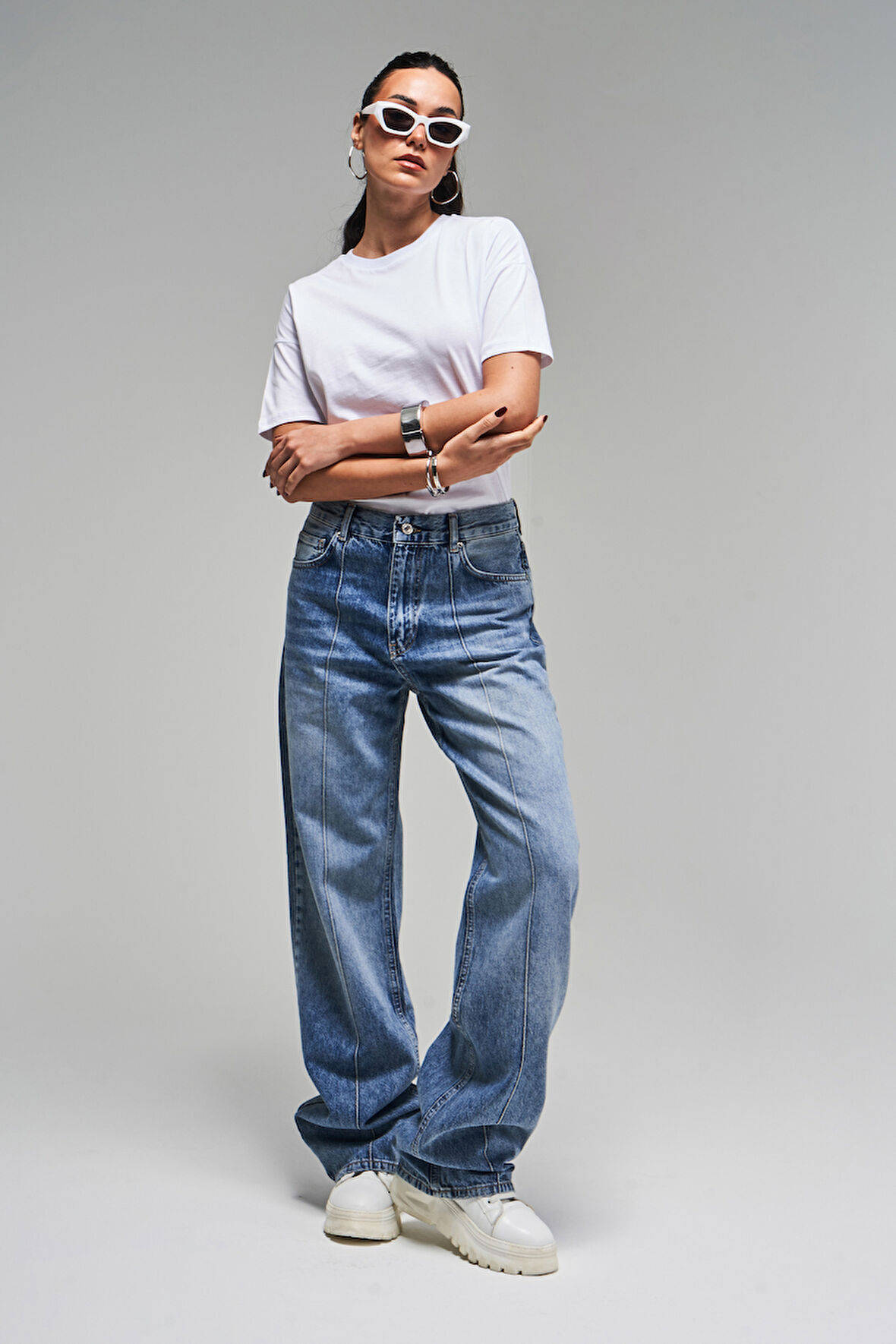 Kadın Kot Rengi V-4S5-32 Loose Fit İç Boy 80cm Viskon Kumaş Denim Jean