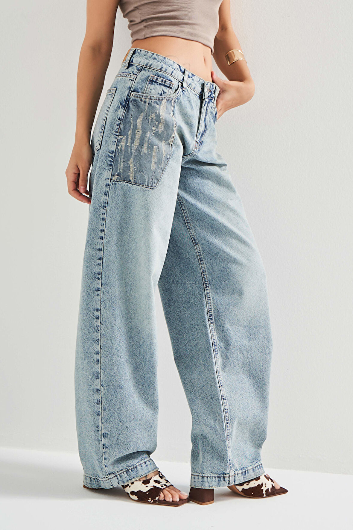 Kadın T.Kot Rengi 4S5-31 Baggy Balon Fit  Cep Detaylı %100 Koton Bol Kesim Denim Jean