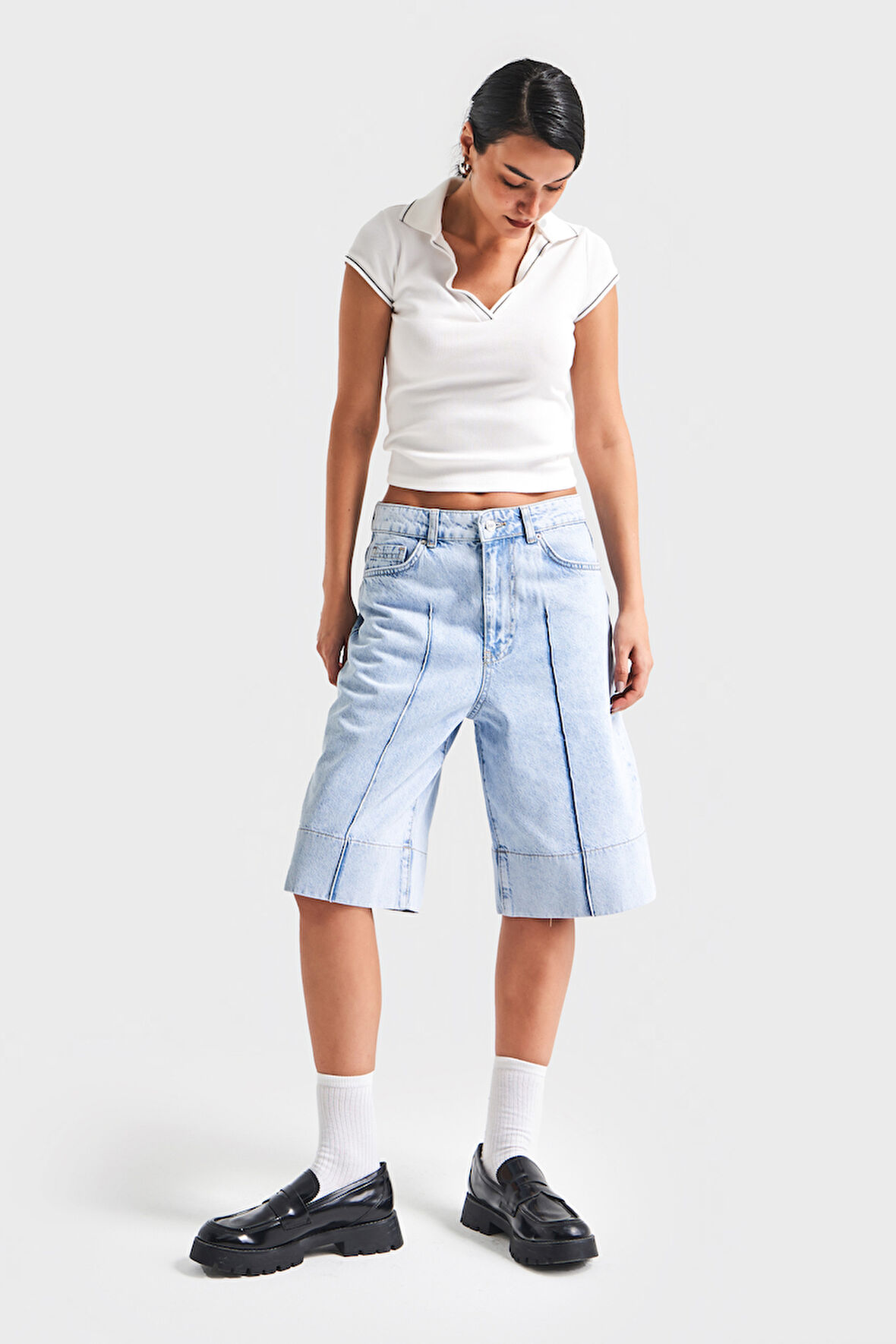 Kadın Snow Kot Rengi 3S5-3 Maxi Boy Baggy %100 Koton Denim Şort